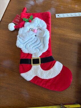 Santa Claus Christmas Stocking With Plush Beard & Belt Red & White 18" Tall Deco